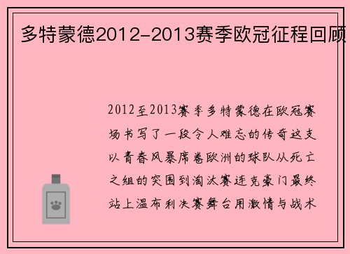 多特蒙德2012-2013赛季欧冠征程回顾